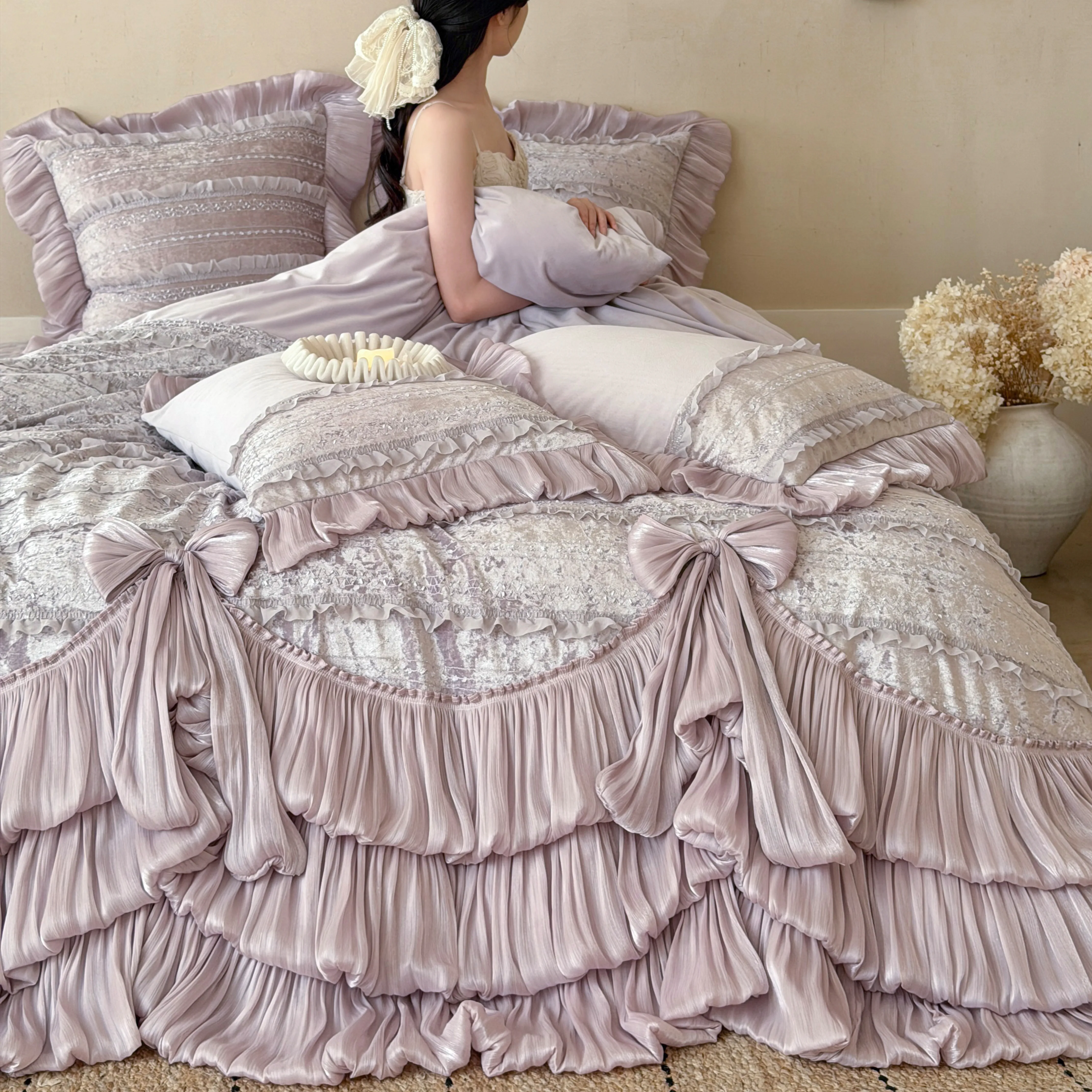 Soft 260g Fully Matte Baby Velvet Ruffle Layered Skirt Hem Bedding Set02