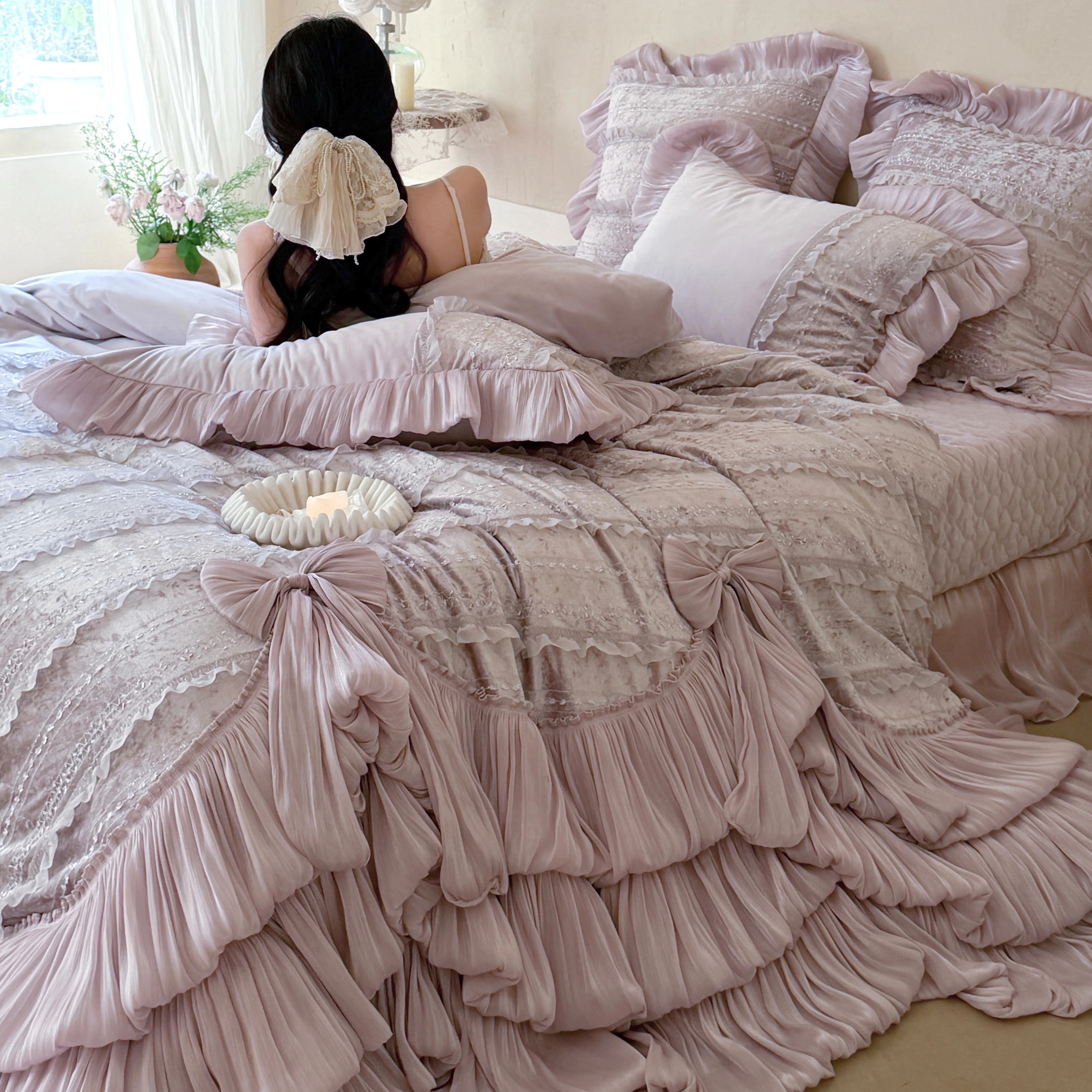 Soft 260g Fully Matte Baby Velvet Ruffle Layered Skirt Hem Bedding Set03 Soft 260g Fully Matte Baby Velvet Ruffle Layered Skirt Hem Bedding Set03