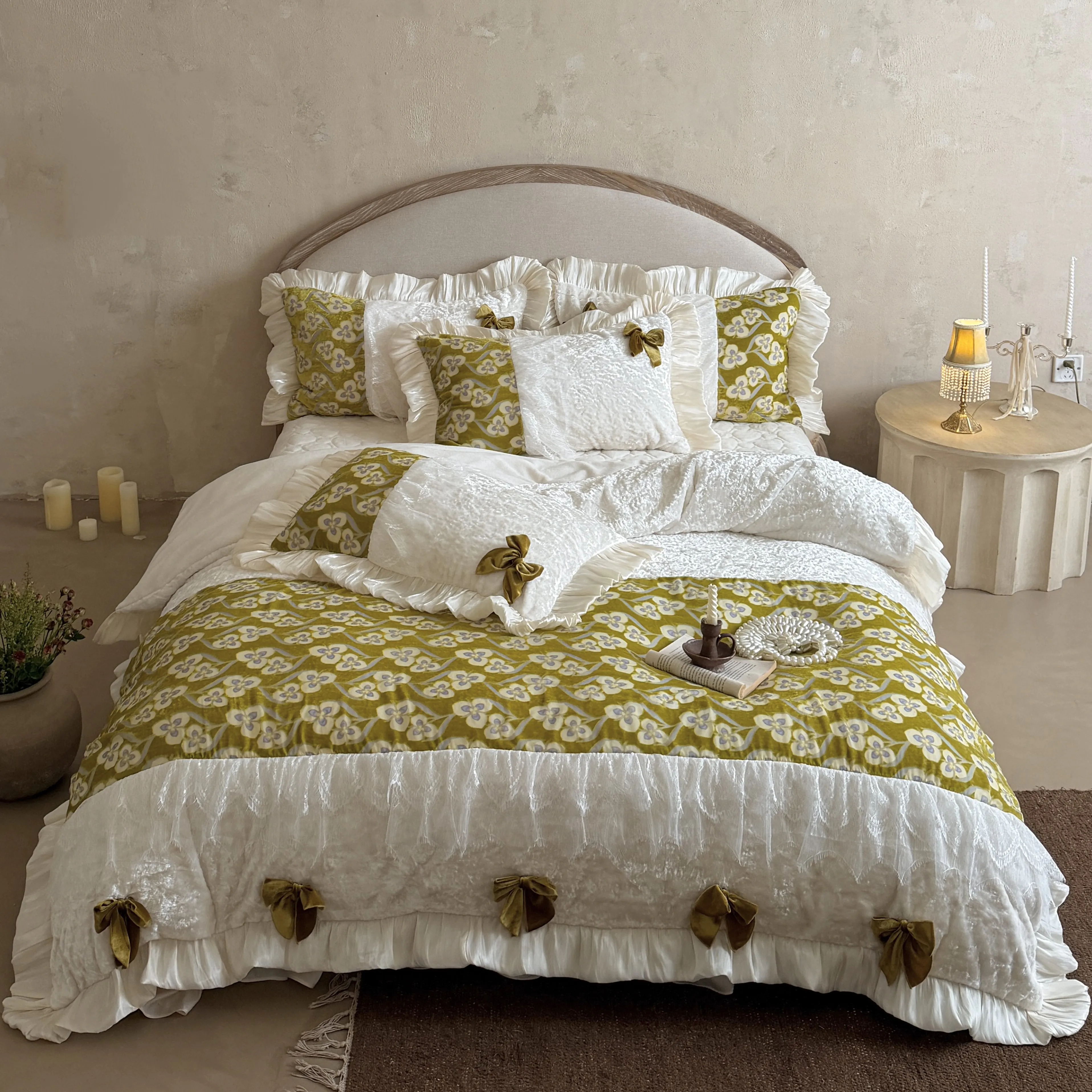 Soft 380g High Weight Milk Velvet Olive Green Floral Quilt Cover 4 Pcs Set01