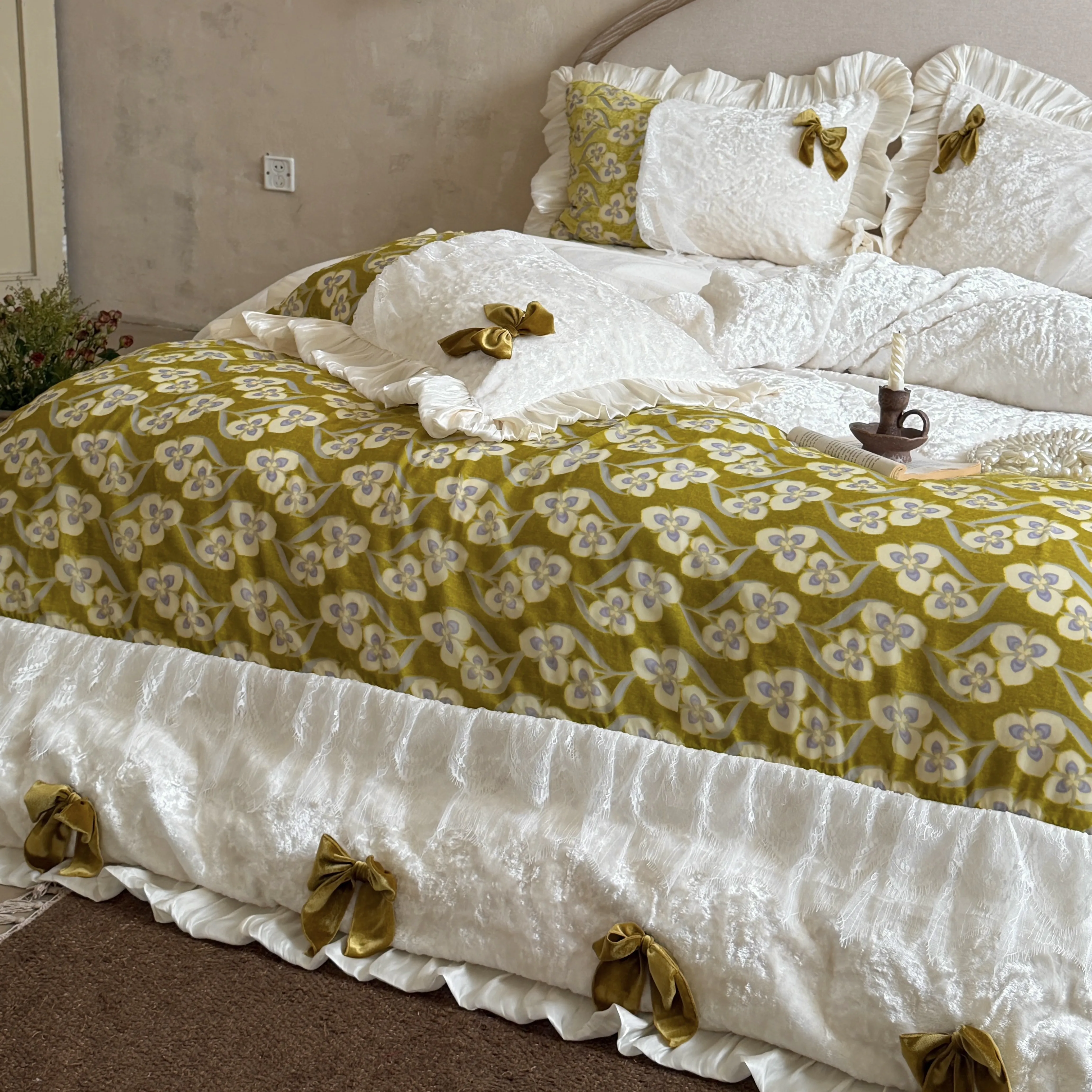 Soft 380g High Weight Milk Velvet Olive Green Floral Quilt Cover 4 Pcs Set02