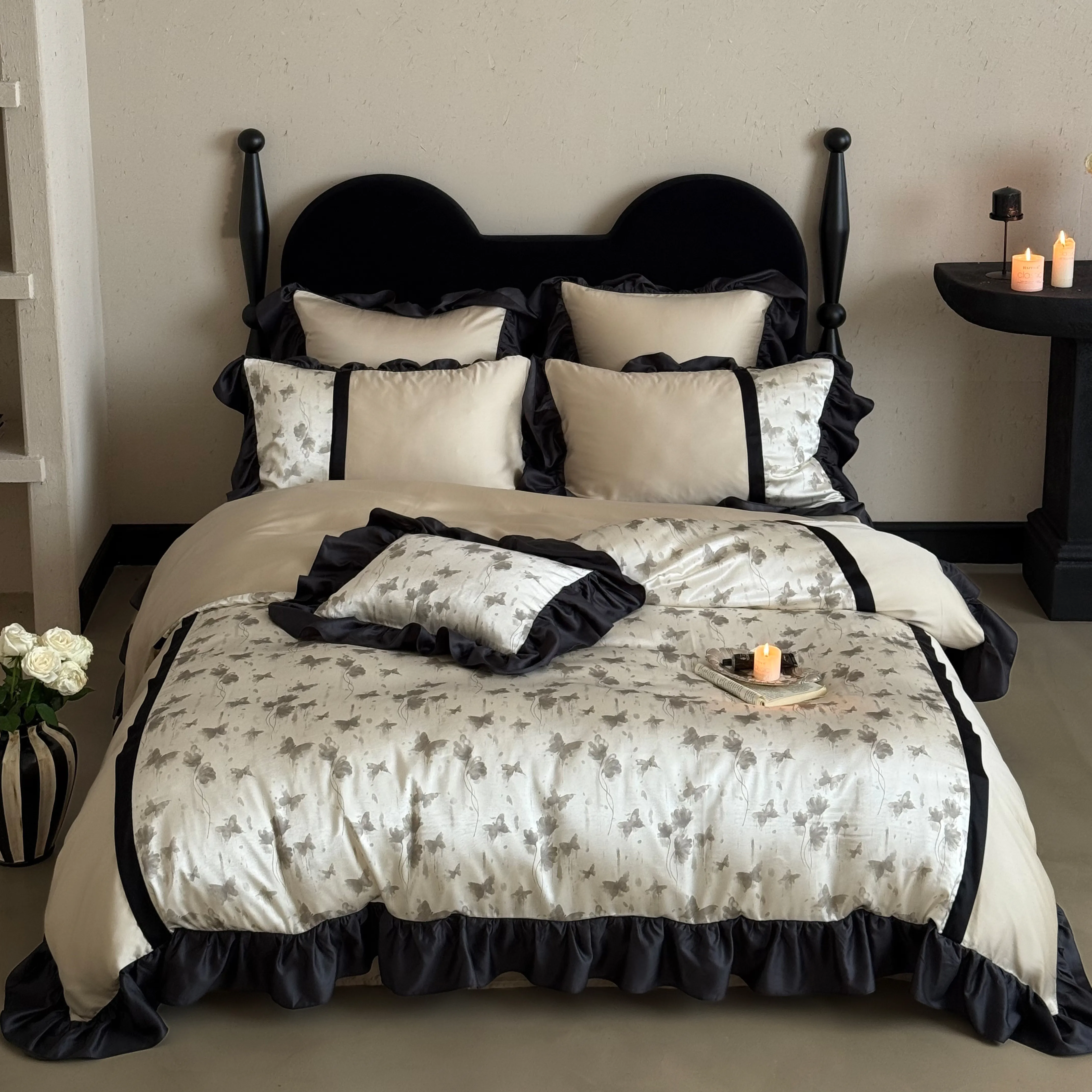 Soft Floral Butterfly Print Brushed Cotton 4 Piece Bed Sheet Pillowcases Set01