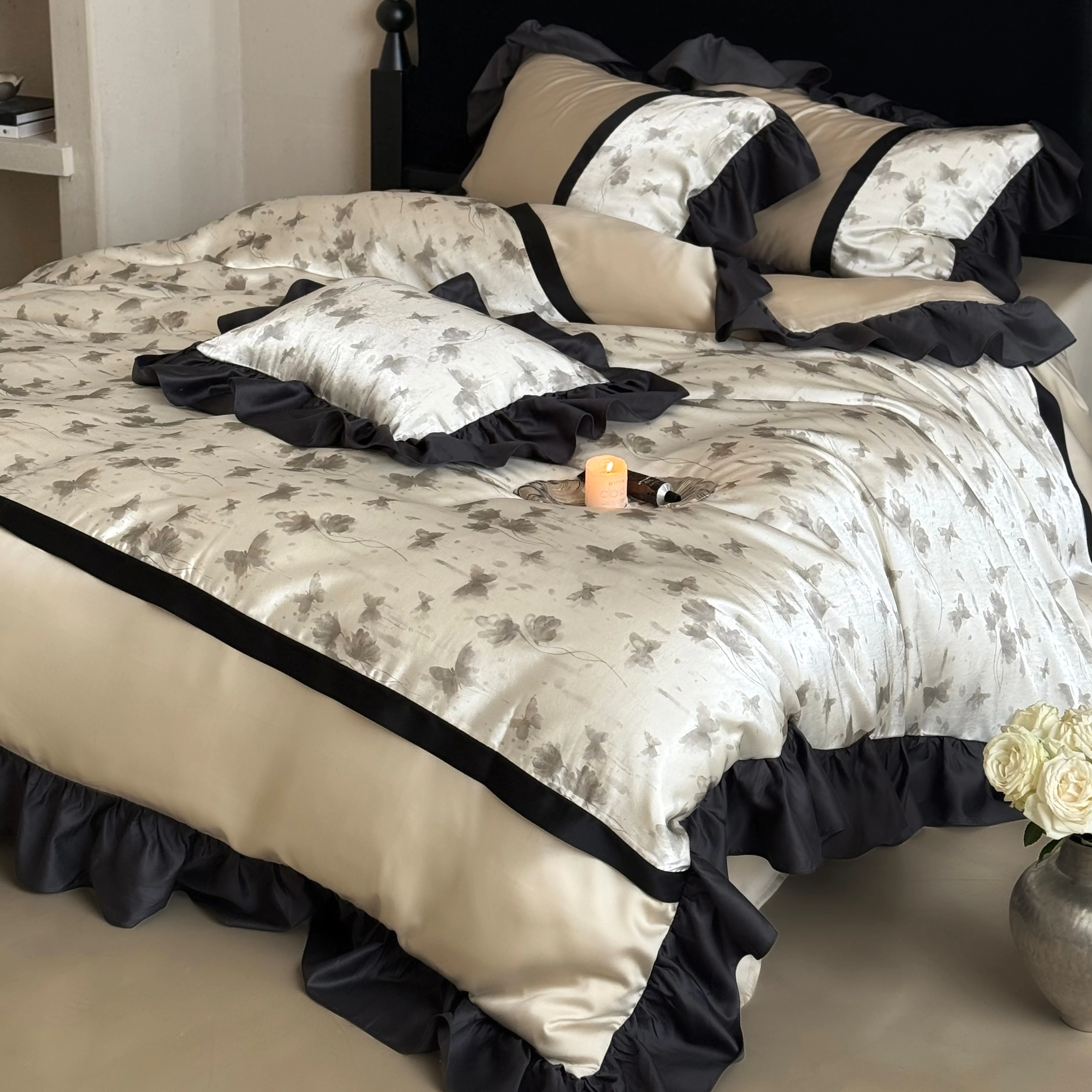 Soft Floral Butterfly Print Brushed Cotton 4 Piece Bed Sheet Pillowcases Set02