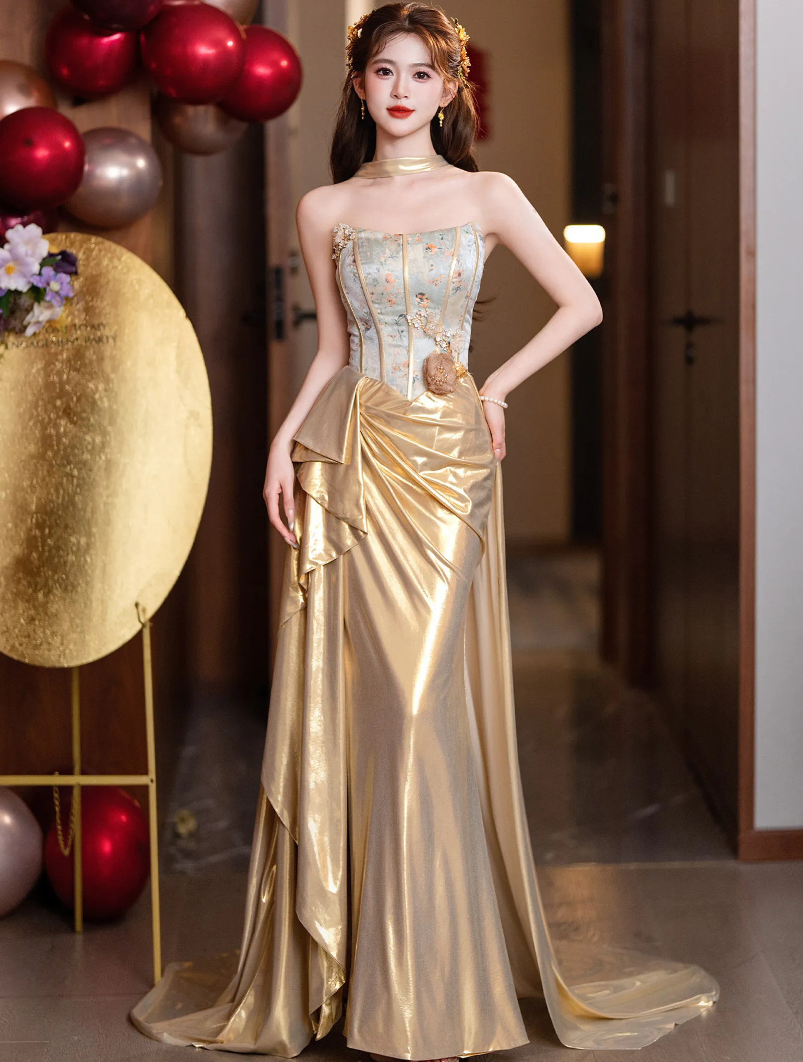 Strapless Boned Bustier 3D Floral Liquid Gold Satin Ruched Train Prom Dress01