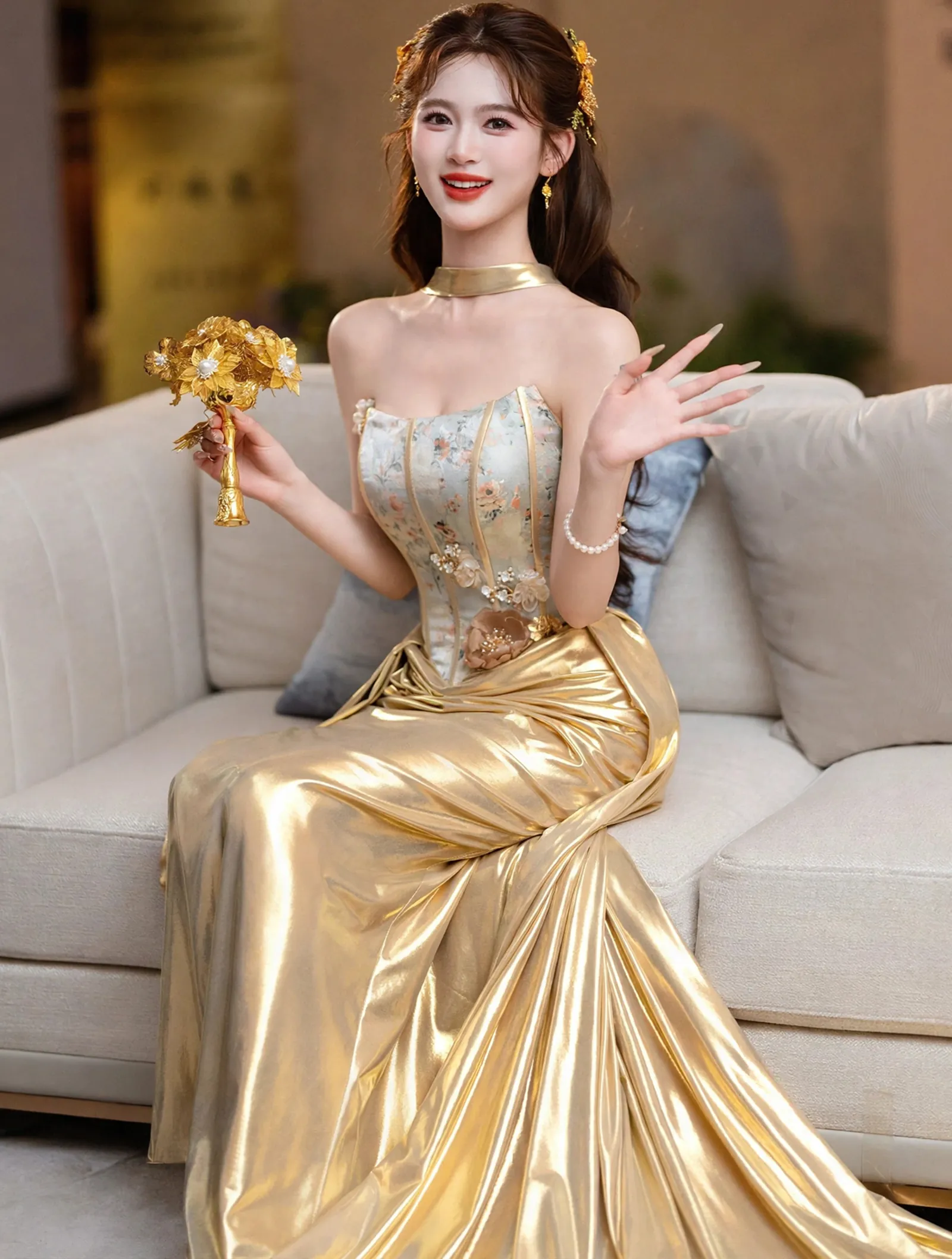 Strapless Boned Bustier 3D Floral Liquid Gold Satin Ruched Train Prom Dress02