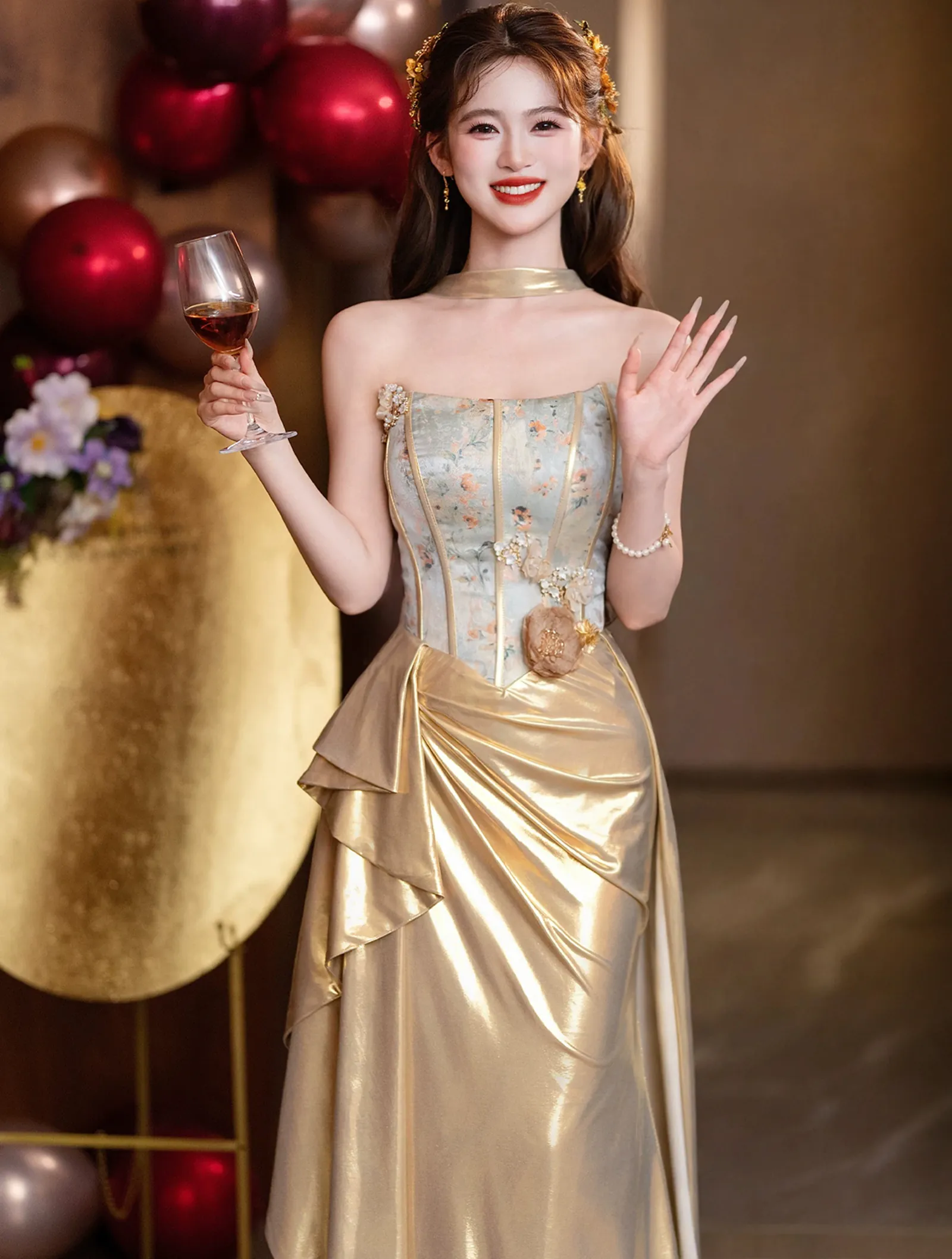 Strapless Boned Bustier 3D Floral Liquid Gold Satin Ruched Train Prom Dress04 Strapless Boned Bustier 3D Floral Liquid Gold Satin Ruched Train Prom Dress04
