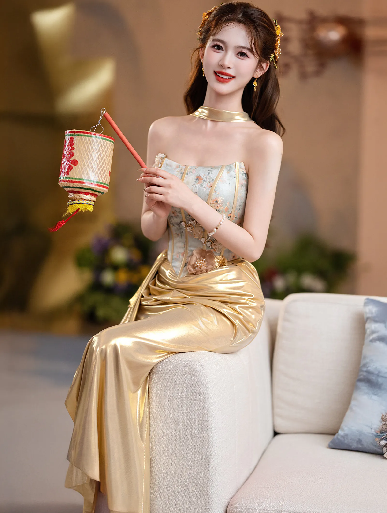 Strapless Boned Bustier 3D Floral Liquid Gold Satin Ruched Train Prom Dress05 Strapless Boned Bustier 3D Floral Liquid Gold Satin Ruched Train Prom Dress05