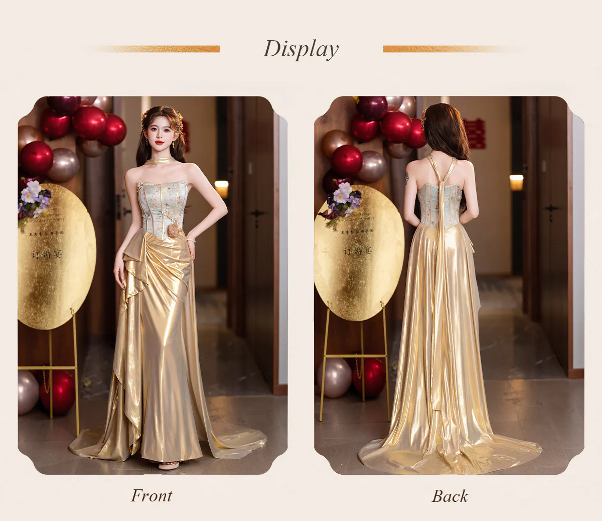 Strapless-Boned-Bustier-3D-Floral-Liquid-Gold-Satin-Ruched-Train-Prom-Dress08