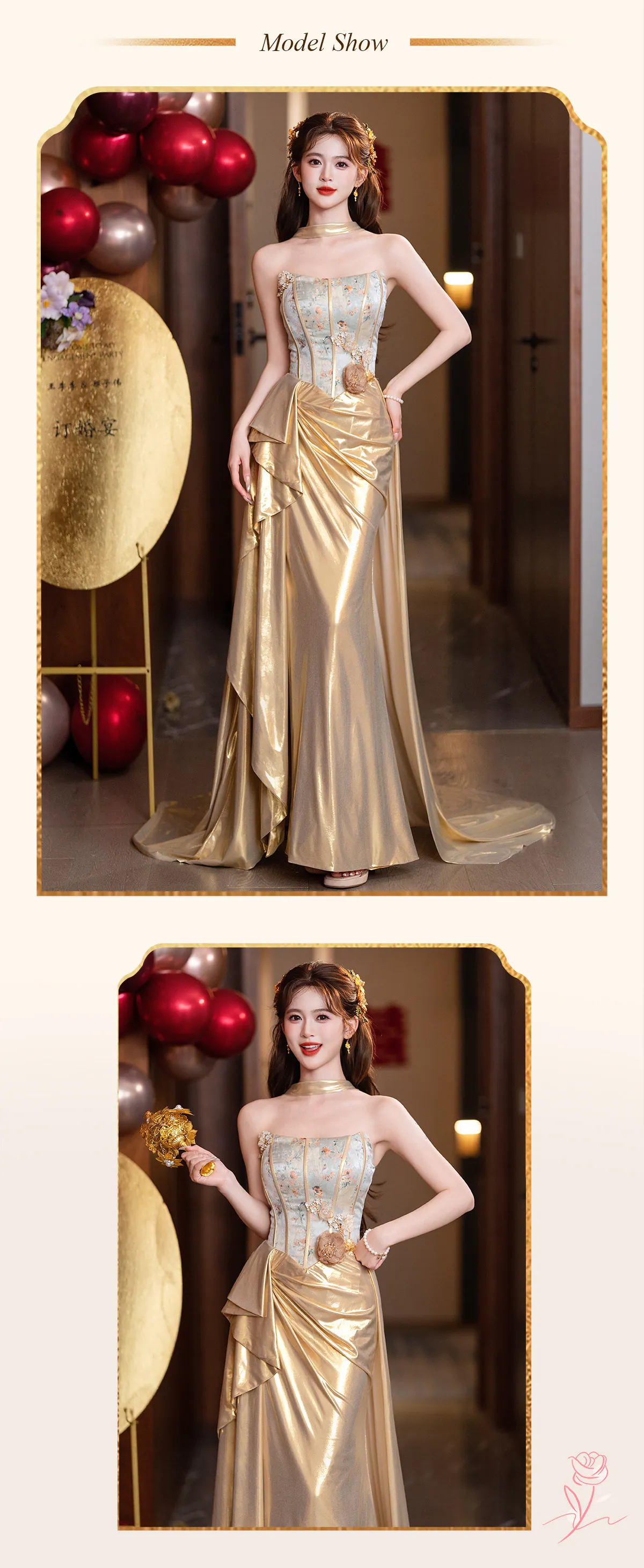 Strapless-Boned-Bustier-3D-Floral-Liquid-Gold-Satin-Ruched-Train-Prom-Dress10