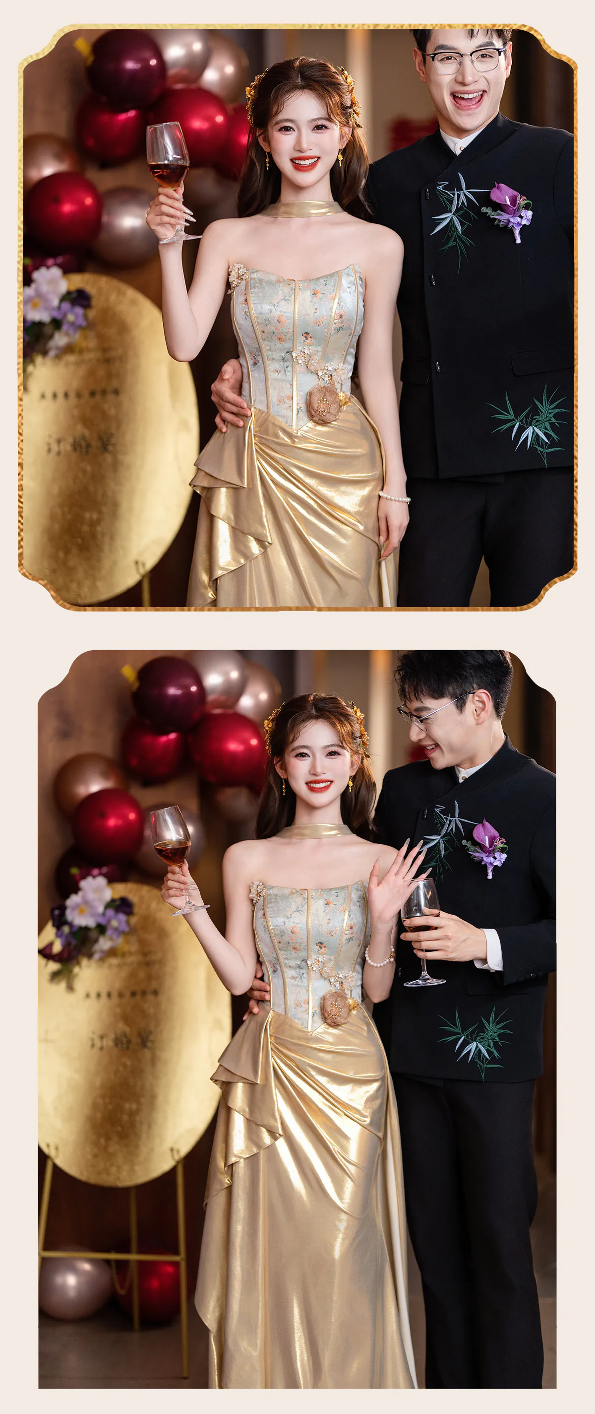 Strapless-Boned-Bustier-3D-Floral-Liquid-Gold-Satin-Ruched-Train-Prom-Dress11
