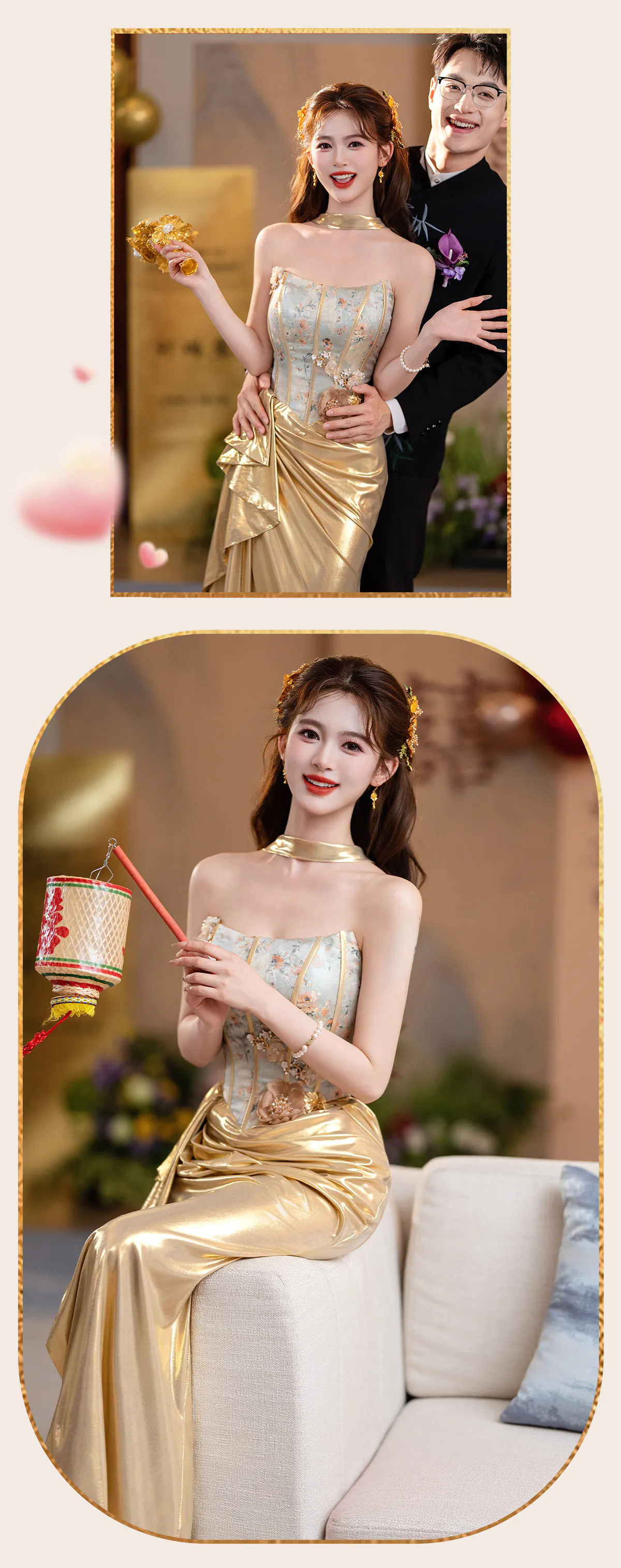 Strapless-Boned-Bustier-3D-Floral-Liquid-Gold-Satin-Ruched-Train-Prom-Dress12