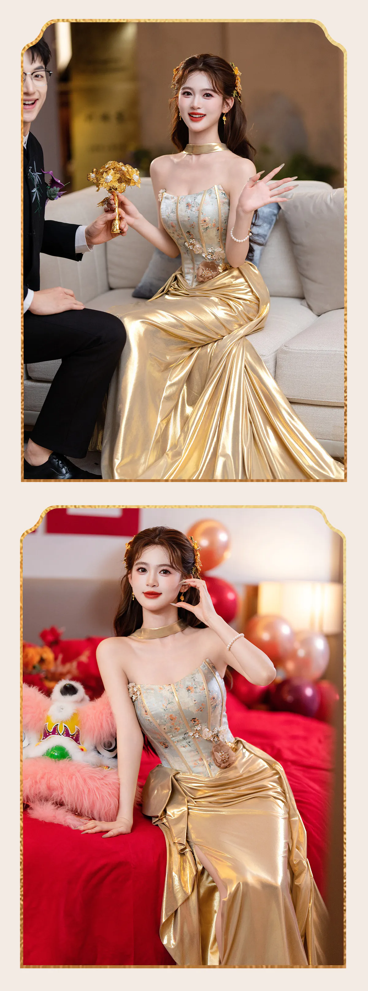 Strapless-Boned-Bustier-3D-Floral-Liquid-Gold-Satin-Ruched-Train-Prom-Dress13