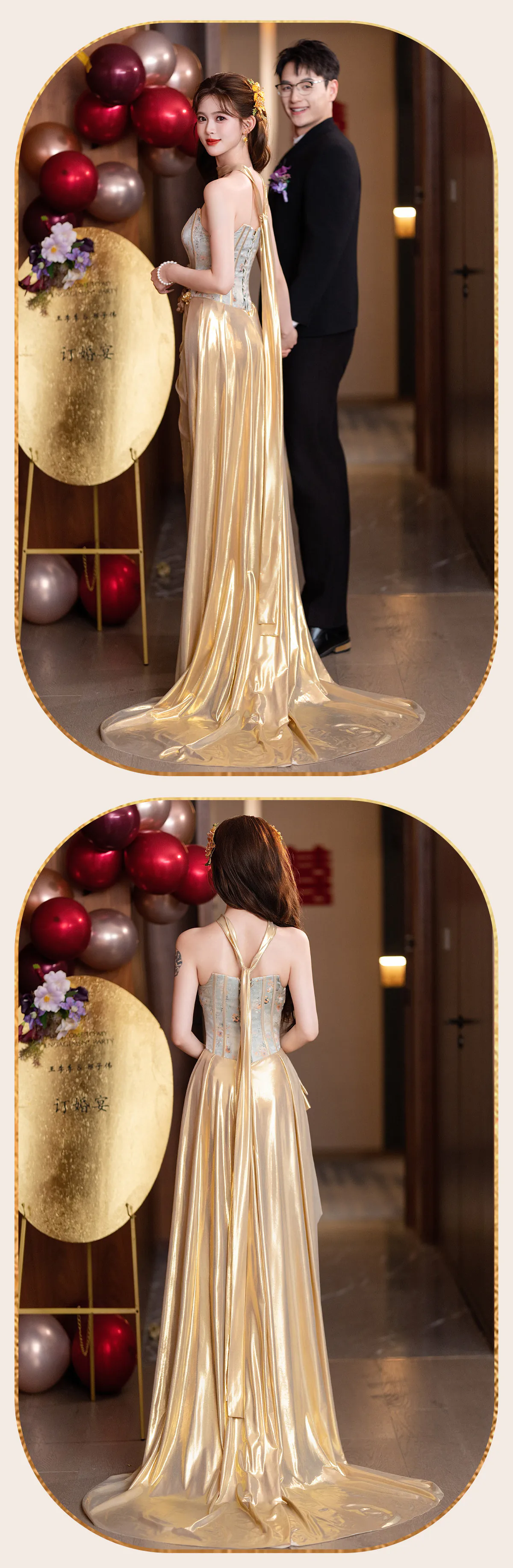 Strapless-Boned-Bustier-3D-Floral-Liquid-Gold-Satin-Ruched-Train-Prom-Dress14