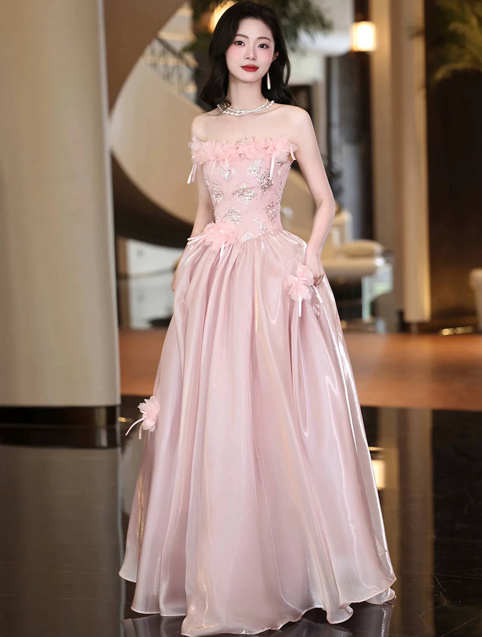 Sweet Pink 3D Floral Embroidery Corset Sequined Bodice Organza Prom Dress01