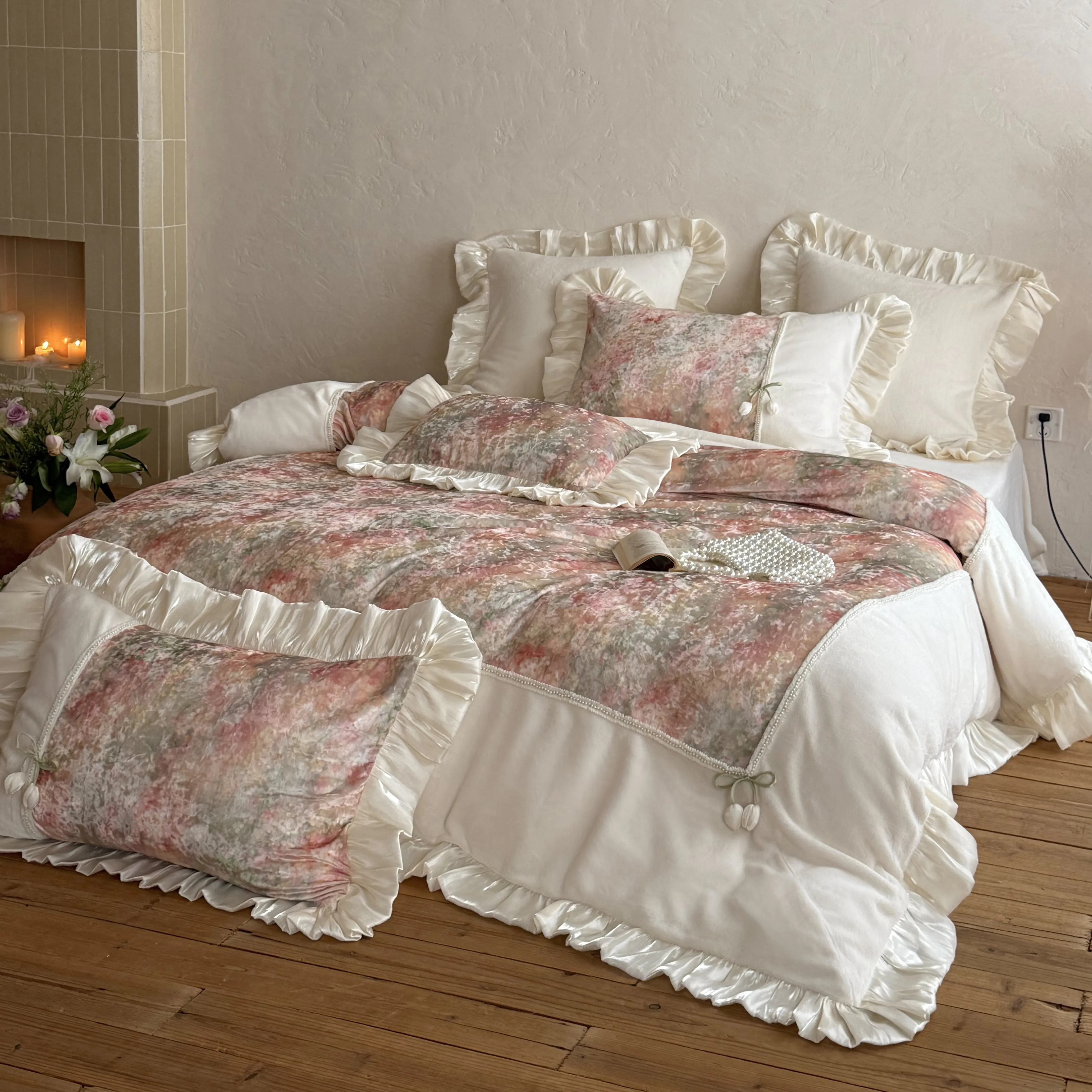 Victorian Style Cottagecore Botanical Floral Velvet Comforter Cover Set02