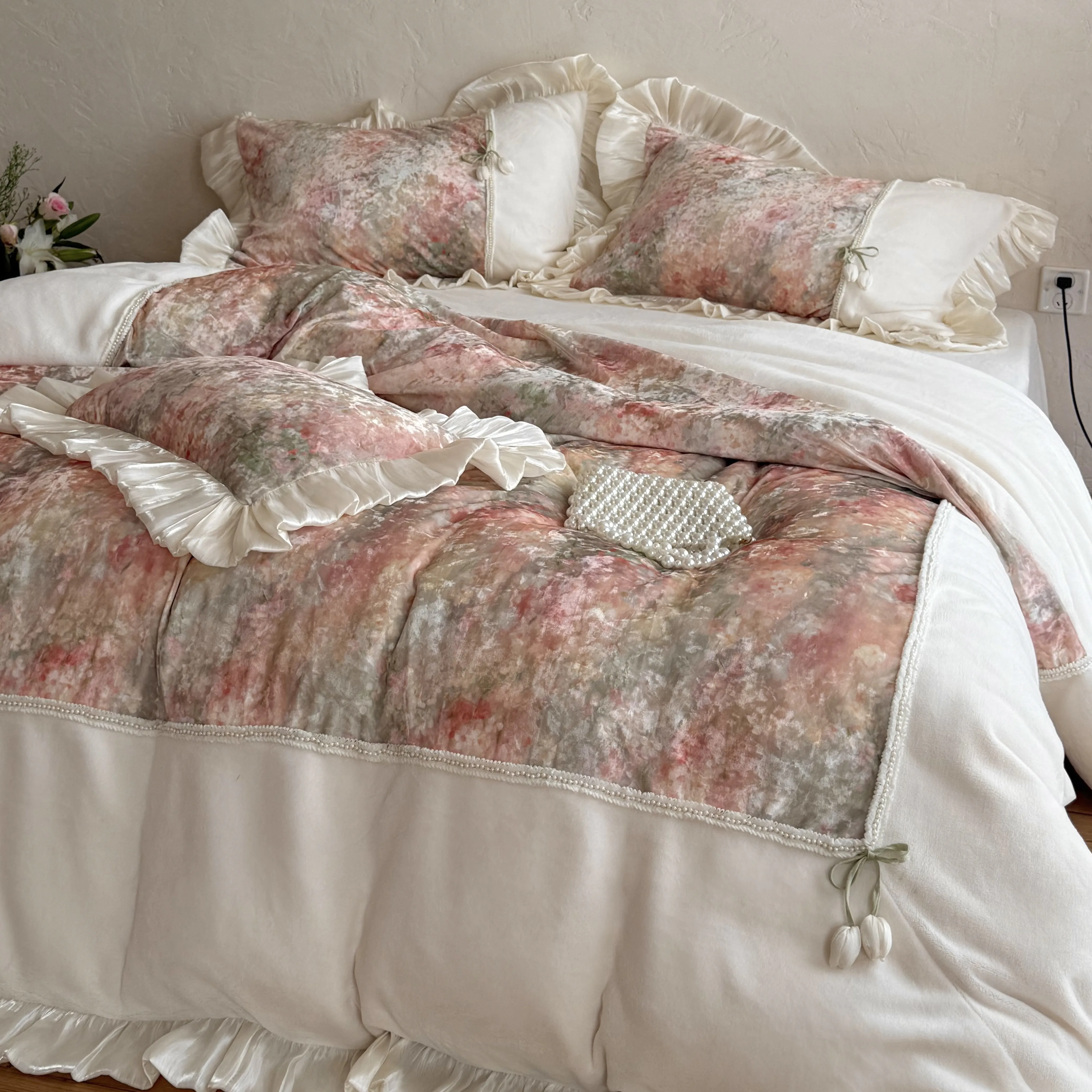 Victorian Style Cottagecore Botanical Floral Velvet Comforter Cover Set04 Victorian Style Cottagecore Botanical Floral Velvet Comforter Cover Set04