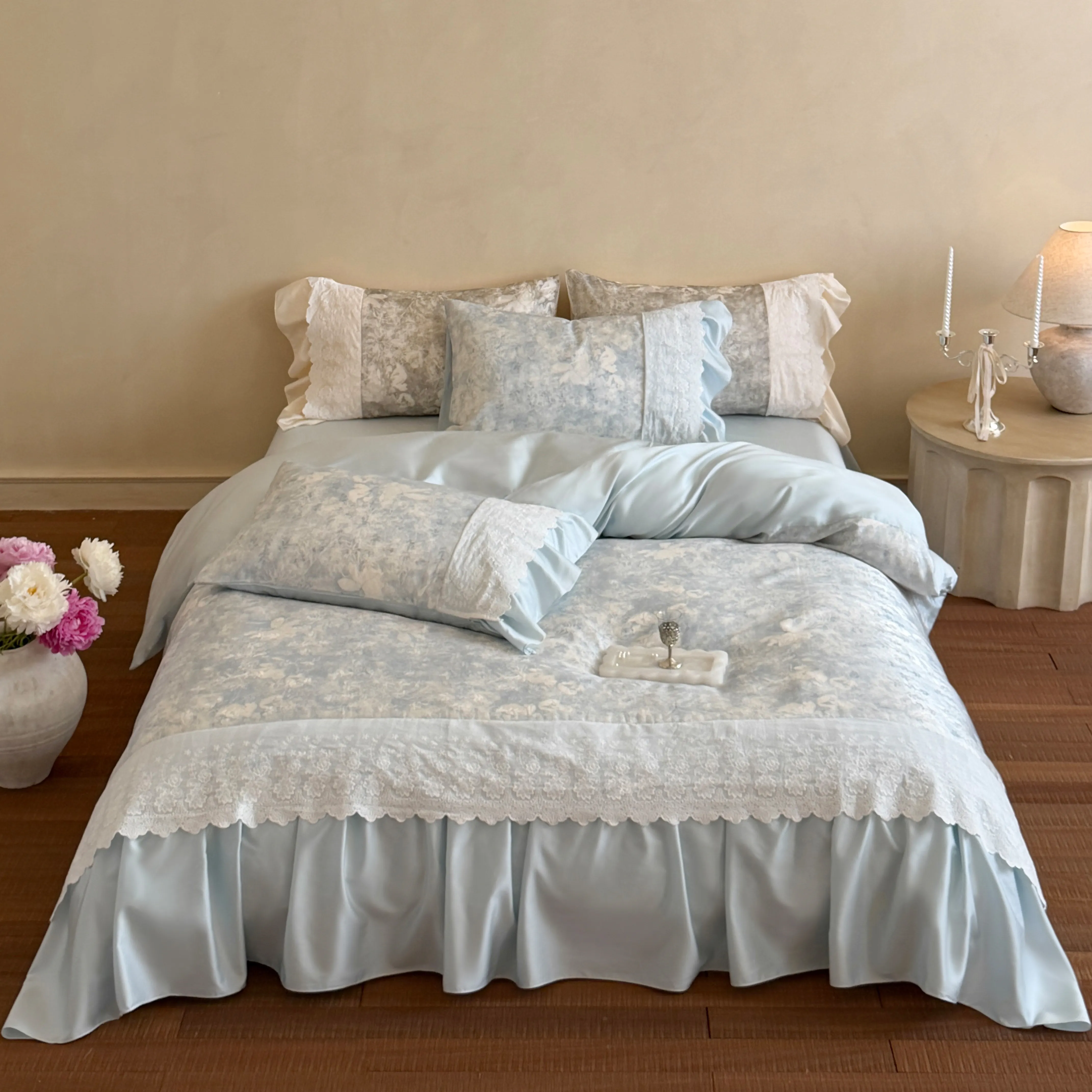 Vintage Light Blue Botanical Floral Print 100S Cotton 4 Piece Bedding Set01
