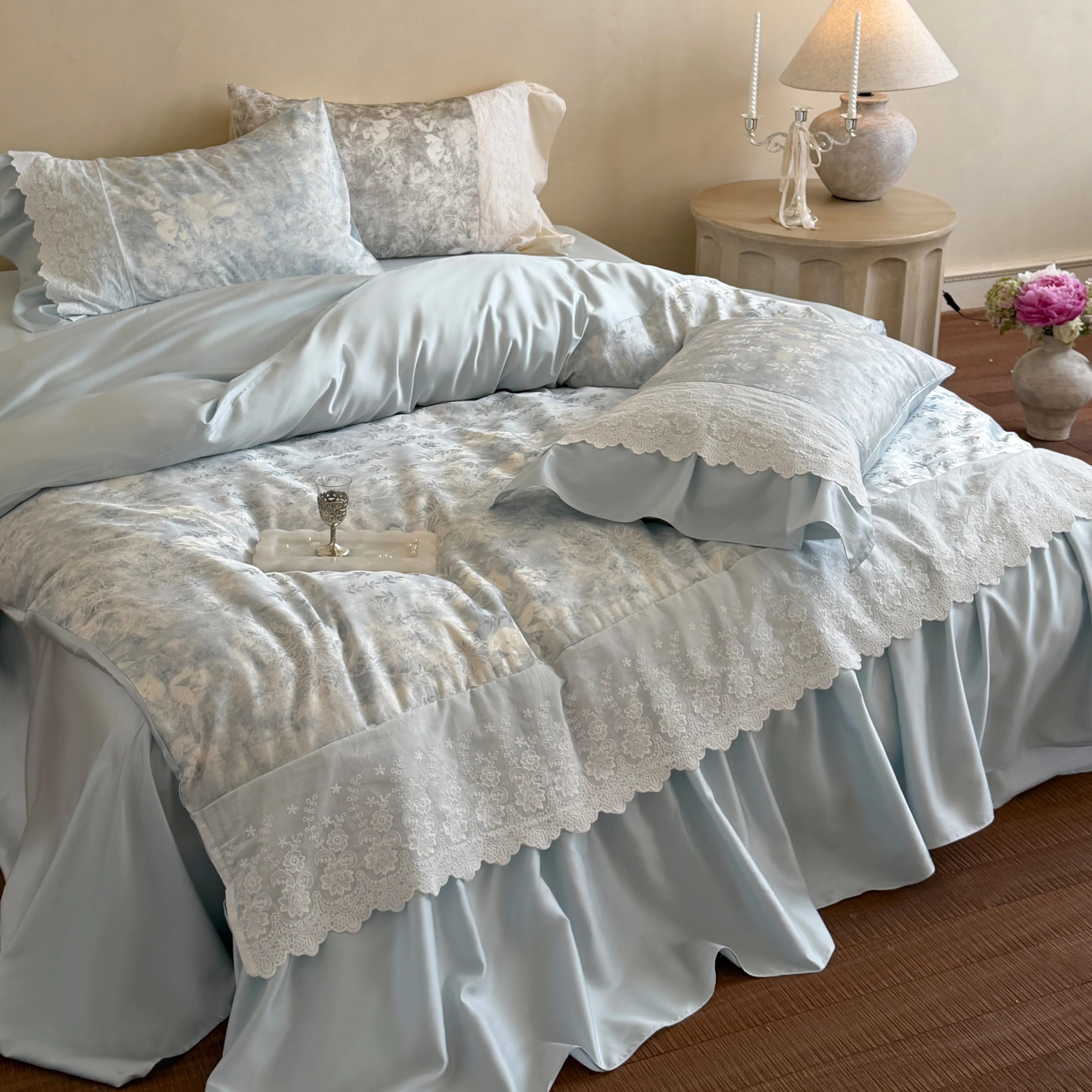 Vintage Light Blue Botanical Floral Print 100S Cotton 4 Piece Bedding Set02