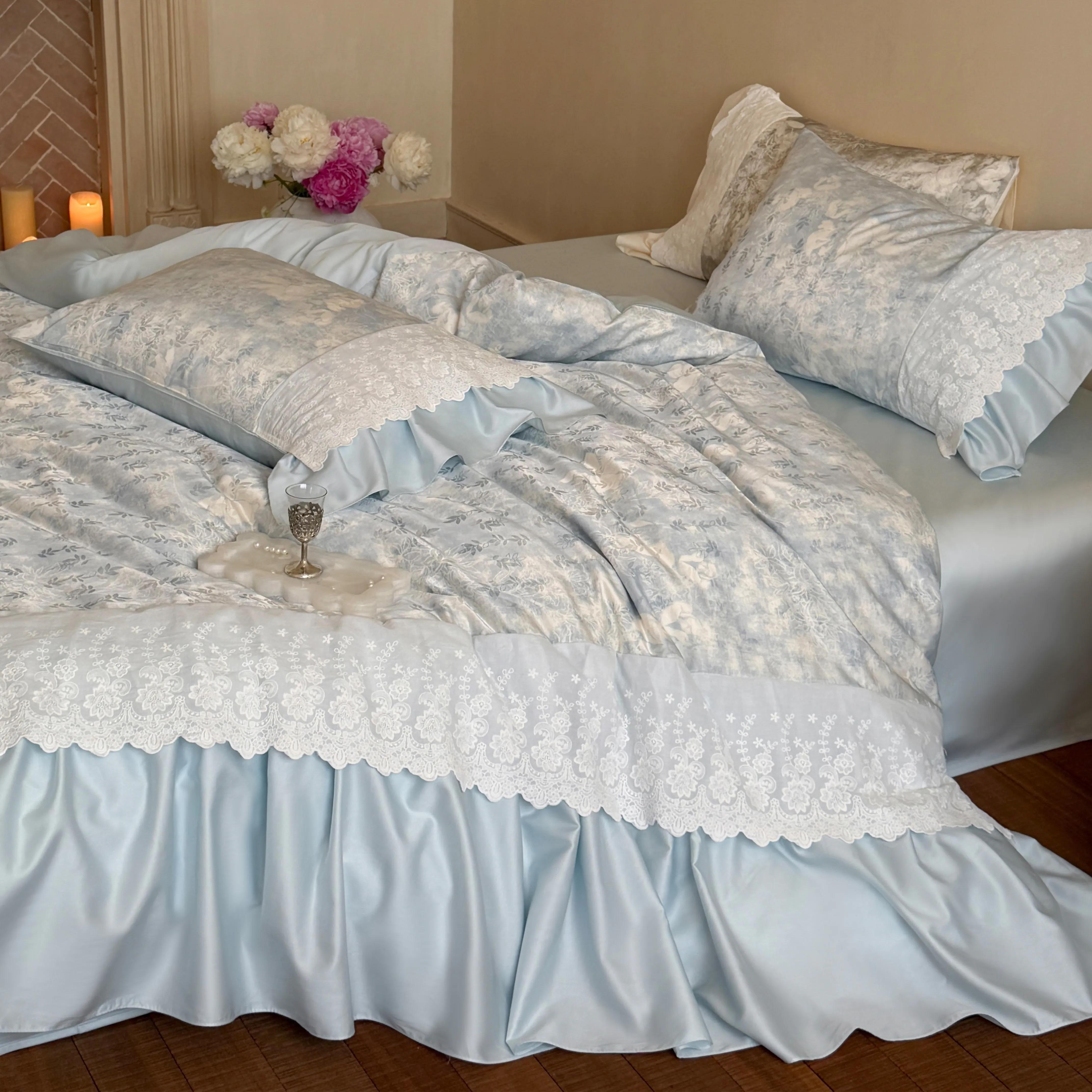 Vintage Light Blue Botanical Floral Print 100S Cotton 4-Piece Bedding Set03 Vintage Light Blue Botanical Floral Print 100S Cotton 4 Piece Bedding Set03