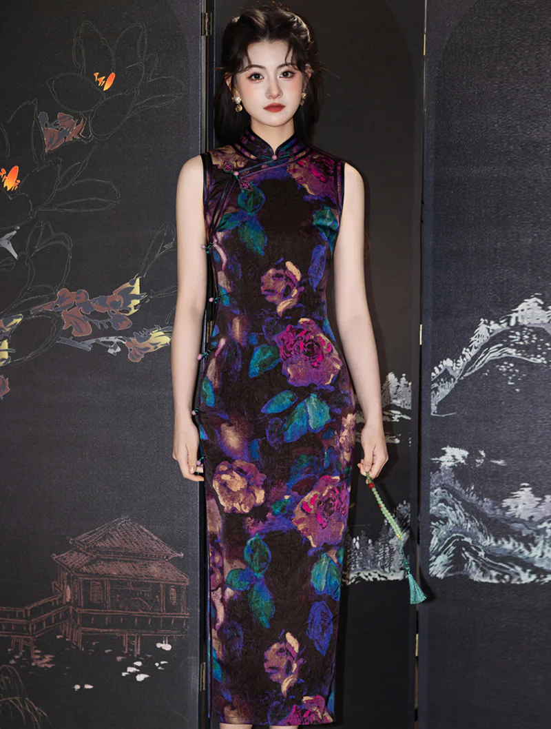 Vintage Multicolor Dark Oil Painting Botanical Floral Print Cheongsam Dress05