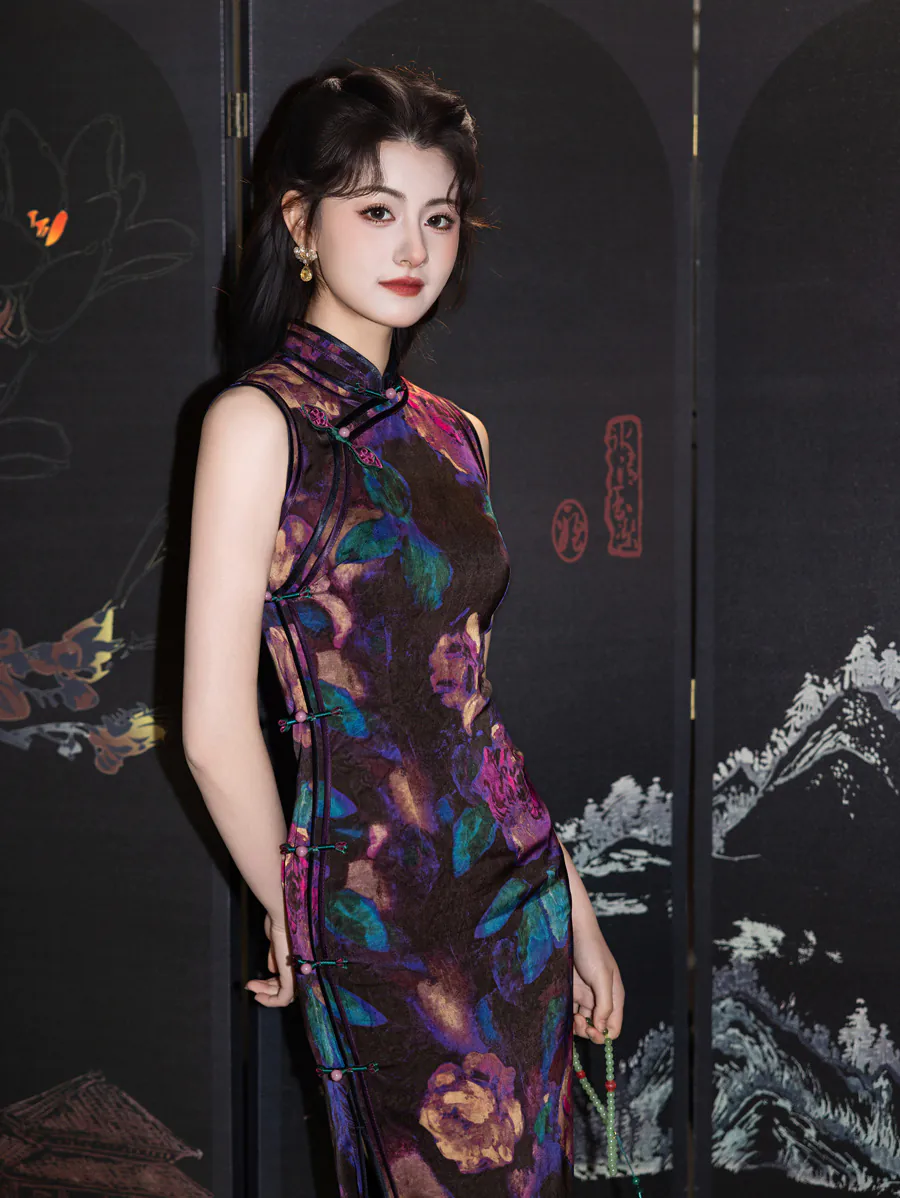 Vintage-Multicolor-Dark-Oil-Painting-Botanical-Floral-Print-Cheongsam-Dress07