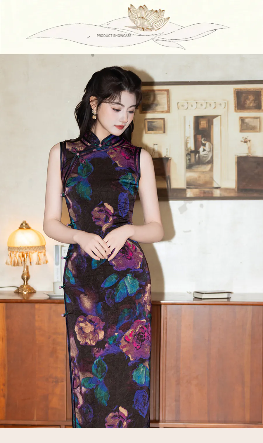 Vintage-Multicolor-Dark-Oil-Painting-Botanical-Floral-Print-Cheongsam-Dress08