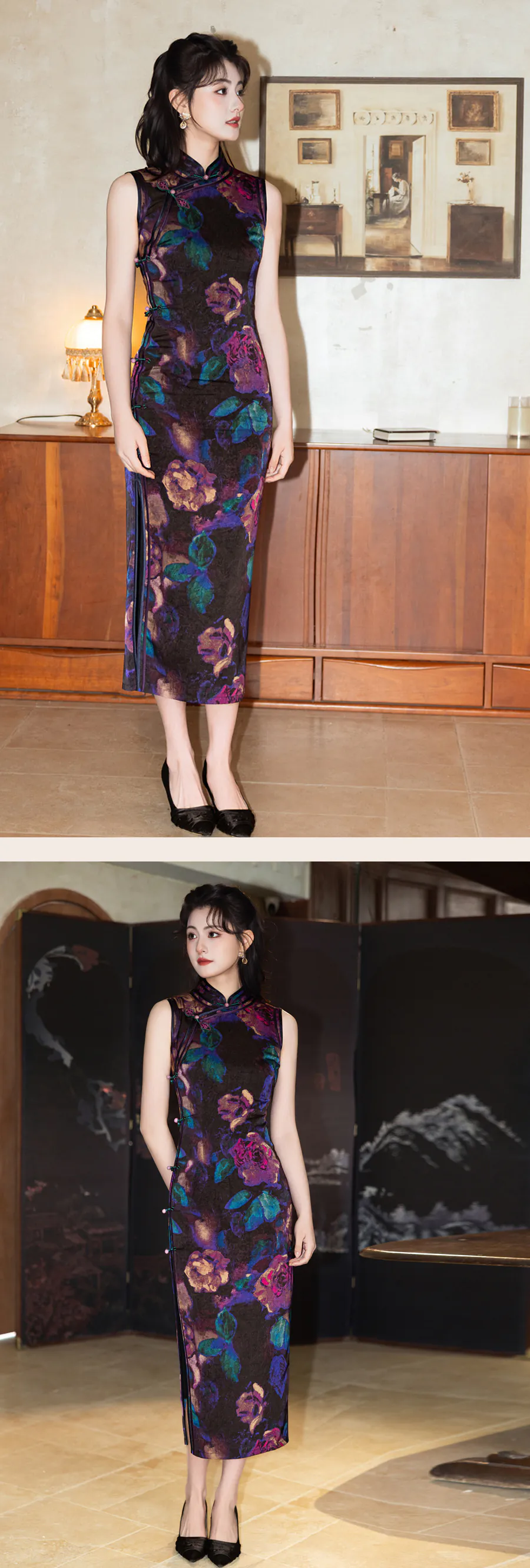 Vintage-Multicolor-Dark-Oil-Painting-Botanical-Floral-Print-Cheongsam-Dress09