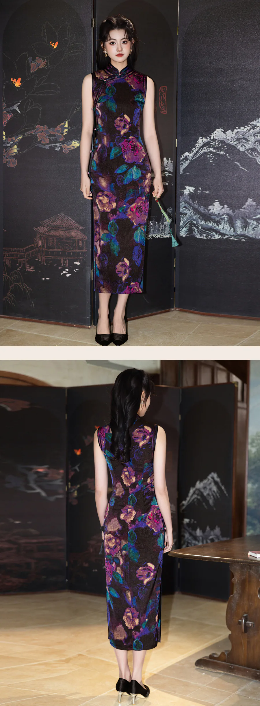 Vintage-Multicolor-Dark-Oil-Painting-Botanical-Floral-Print-Cheongsam-Dress11