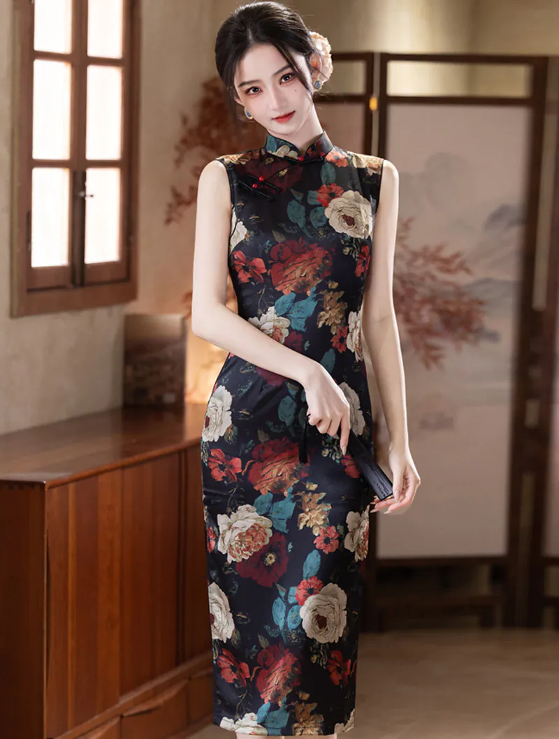 Vintage Oriental Black Peony Print Slim Fit Sleeveless Qipao Cheongsam Dress01