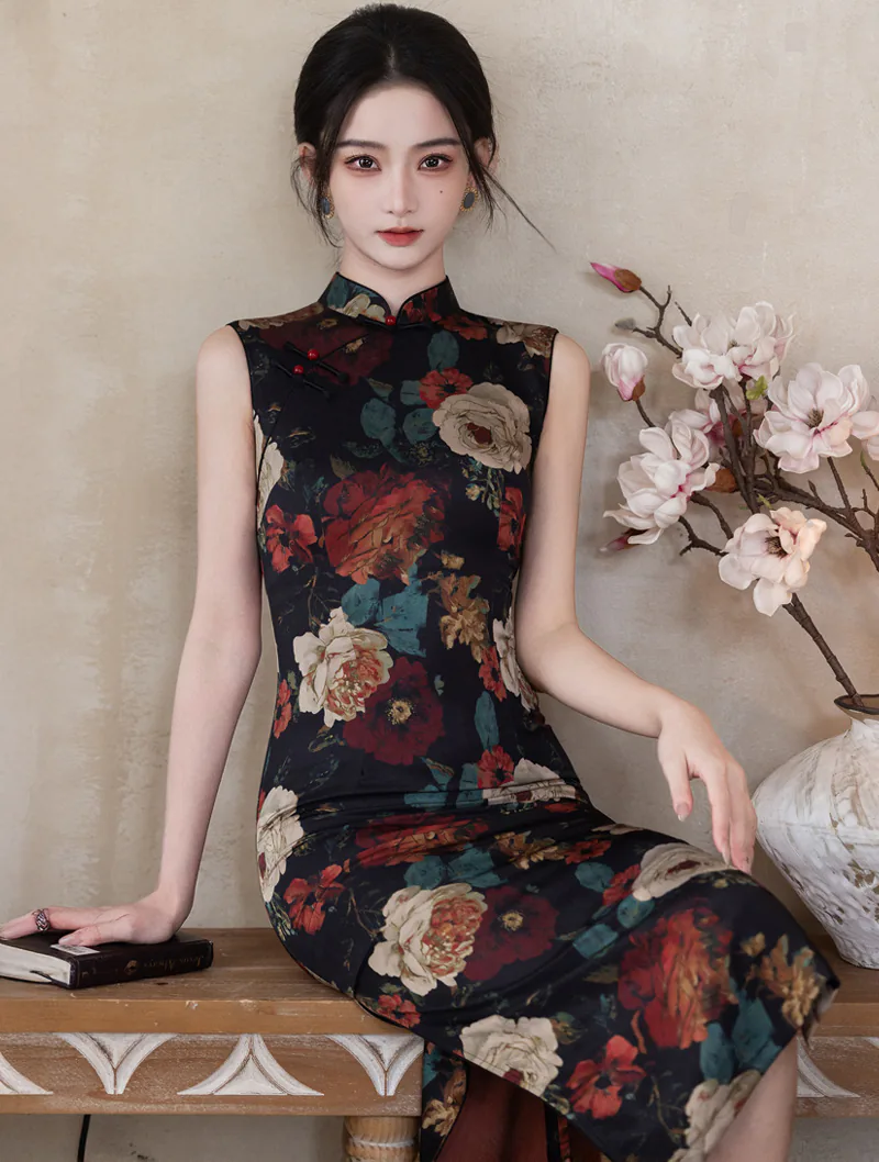 Vintage Oriental Black Peony Print Slim Fit Sleeveless Qipao Cheongsam Dress02