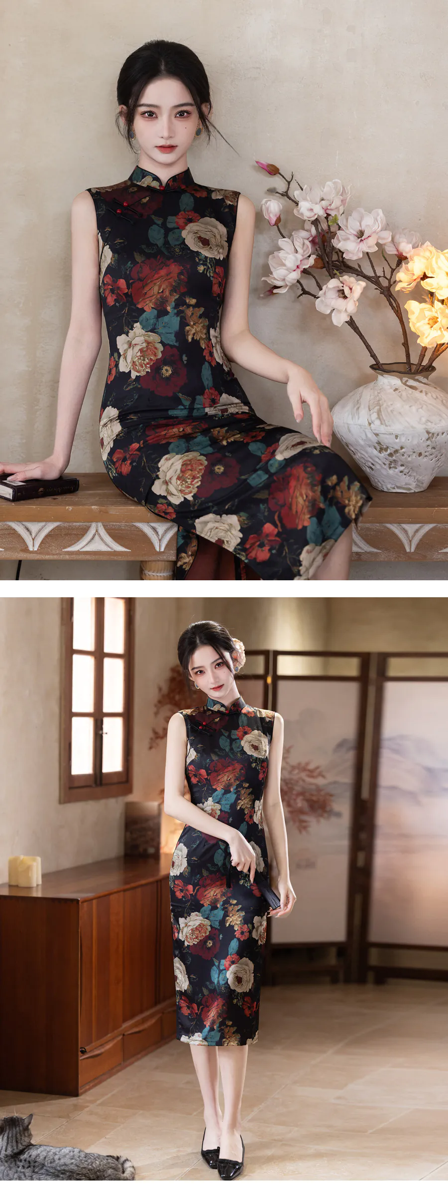 Vintage-Oriental-Black-Peony-Print-Slim-Fit-Sleeveless-Qipao-Cheongsam-Dress10